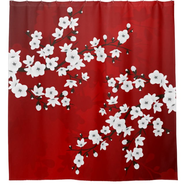 Asia Floral White Cherry Blossom Red Shower Curtain (Front)