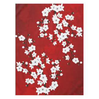 Asia Floral White Cherry Blossom Red Tablecloth