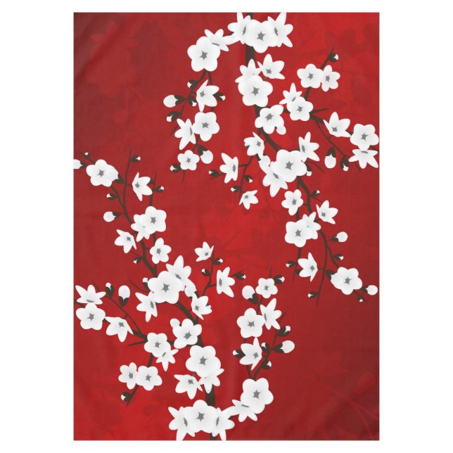 Asia Floral White Cherry Blossom Red Tablecloth (Front)
