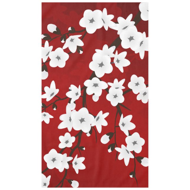 Asia Floral White Cherry Blossom Red Tablecloth (Front)