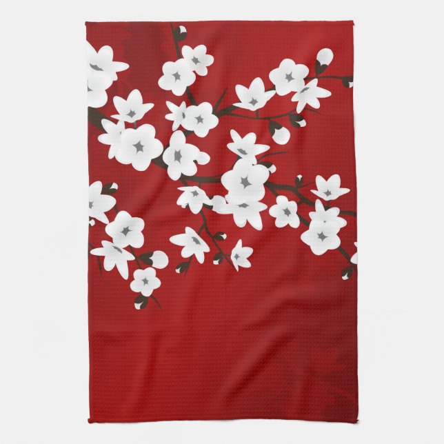 Asia Floral White Cherry Blossom Red Tea Towel (Vertical)