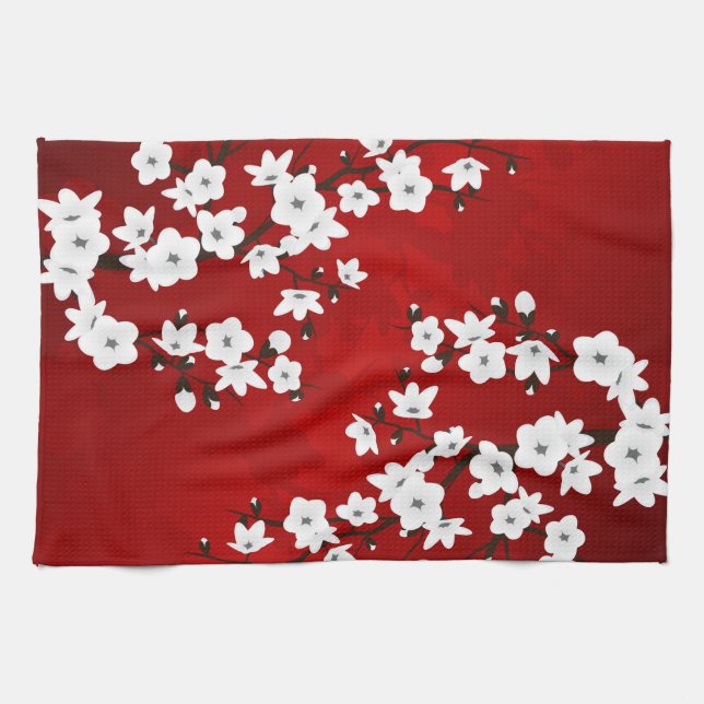 Asia Floral White Cherry Blossom Red Tea Towel (Horizontal)