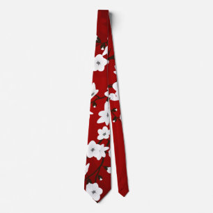 Asia Floral White Cherry Blossom Red Tie