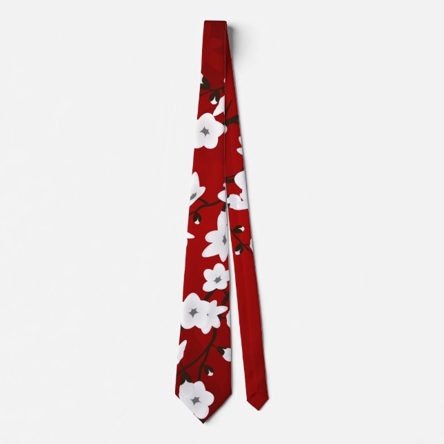 Asia Floral White Cherry Blossom Red Tie (Front)
