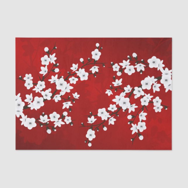 Asia Floral White Cherry Blossom Red Tissue Paper (Front)