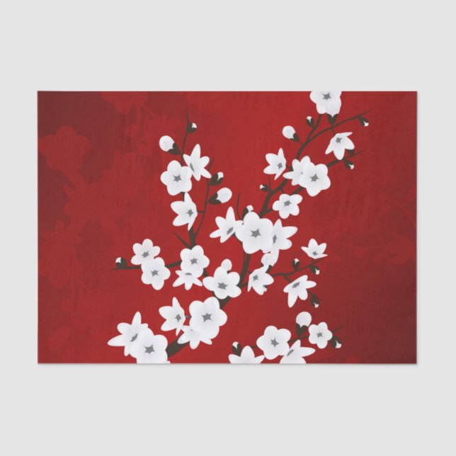 Asia Floral White Cherry Blossom Red Tissue Paper (Front)