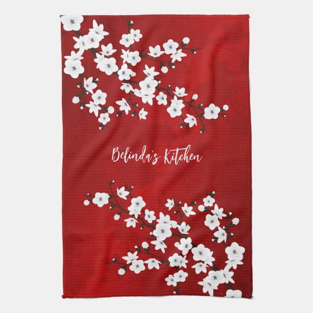 Asia Floral White Red Cherry Blossom Add Name Tea Towel (Vertical)