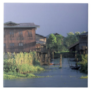 Asia, Myanmar, Inle Lake. A floating village on Tile