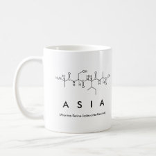 Mug featuring the name Asia spelled out in the single letter amino acid code