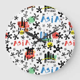 Asia Symbols Pattern Large Clock