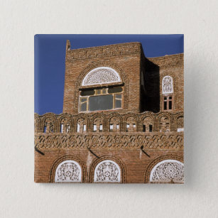 Asia, Yemen, Sana'a. Yemeni architecture detail. 15 Cm Square Badge