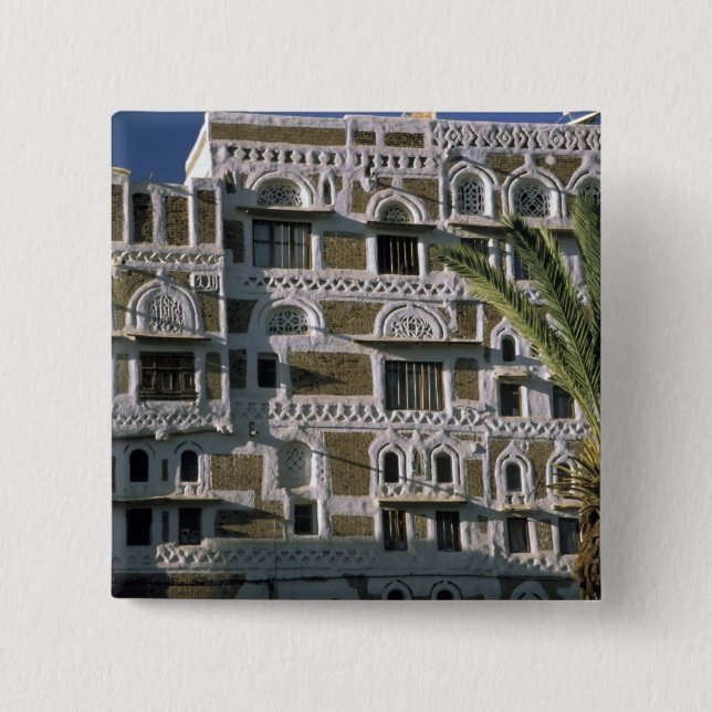 Asia, Yemen, Sana'a. Yemeni house. 15 Cm Square Badge (Front)