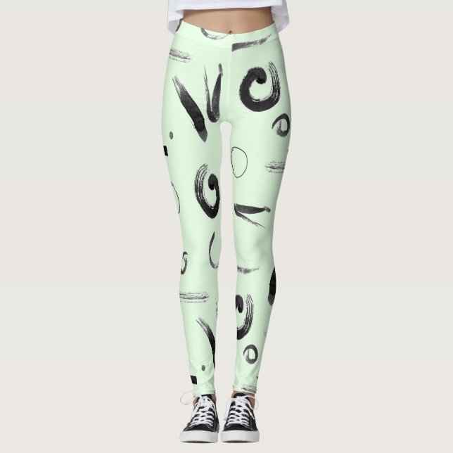 Asian Abstract Black On Green Design  Leggings (Front)