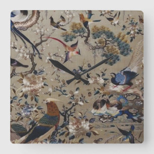 Asian,antique,silk,Painting,nature,Birds,vintage,c Square Wall Clock