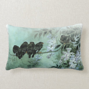 Asian Art Birds on a Wisteria Branch Lumbar Cushion