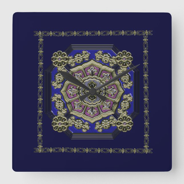 Asian Art Deco Traditional Jewelled Square Wall Clock (Front)