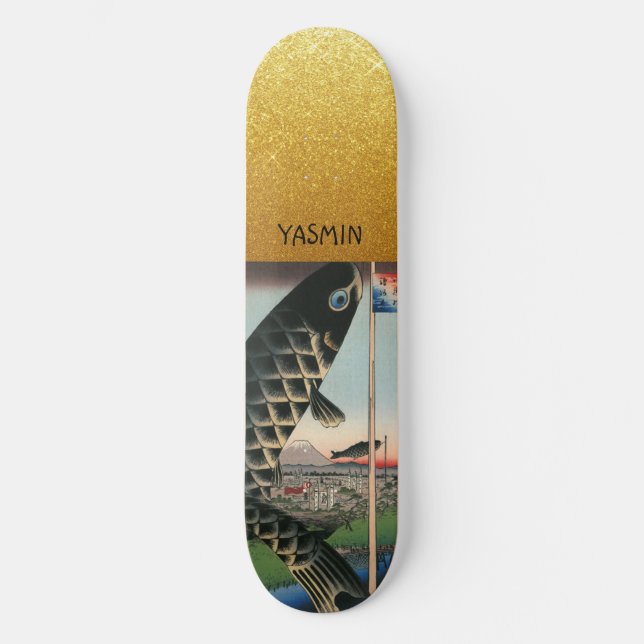 Asian Art Fish Gold Personalised Skateboard (Front)