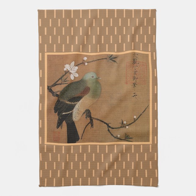 Asian art pigeon on cherry tree branch tea towel (Vertical)