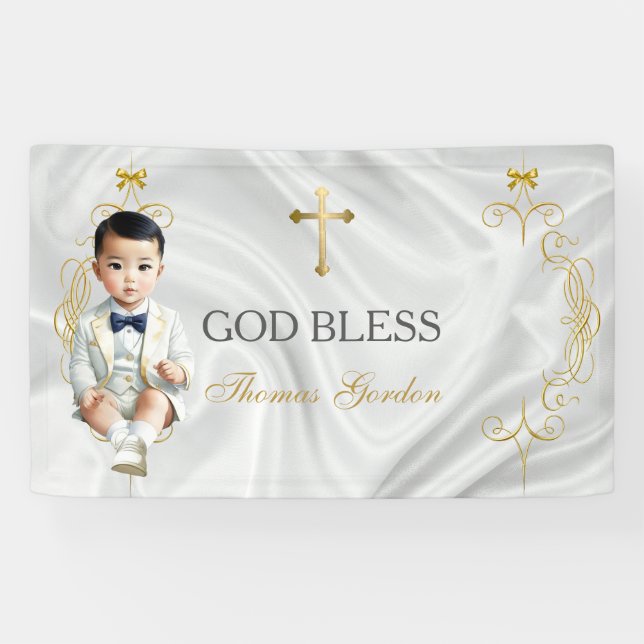 Asian Baby Boy Baptism Christening Gold Banner (Horizontal)