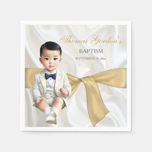 Asian Baby Boy Baptism Christening White & Gold Napkin (Front)