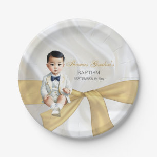 Asian Baby Boy Baptism Christening White & Gold Paper Plate
