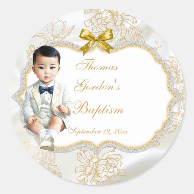 Asian Baby Boy Baptism Communion White & Gold Classic Round Sticker (Front)