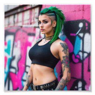 Asian Beautiful Green Hair Tattooed Punk Graffiti Photo Print
