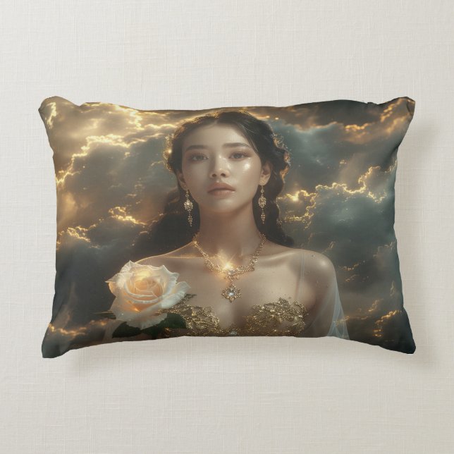 Asian Beauty With White Rose Decorative Cushion (Front)