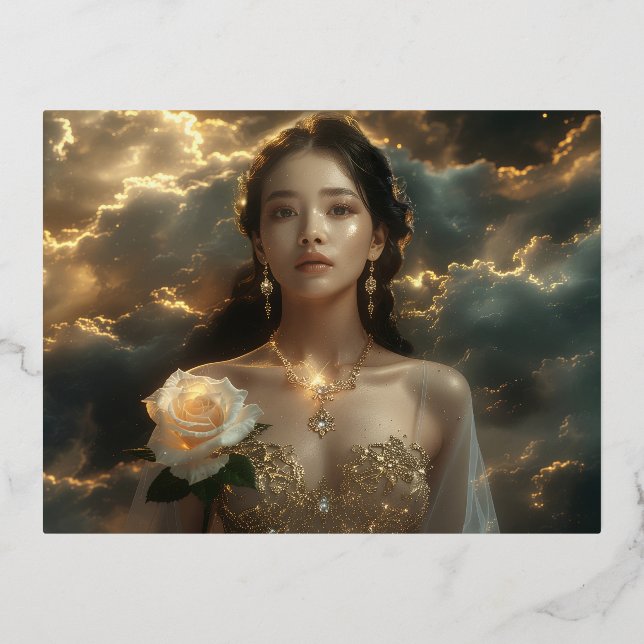 Asian Beauty With White Rose Foil Holiday Postcard (Front)