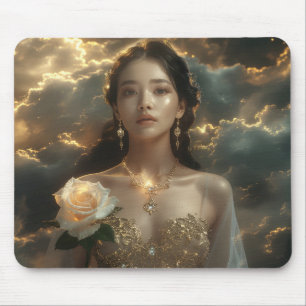 Asian Beauty With White Rose Mouse Mat