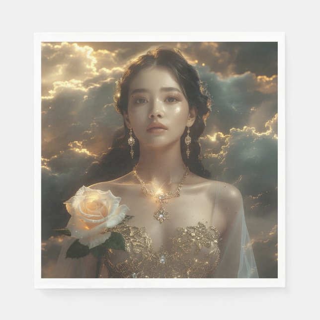 Asian Beauty With White Rose Napkin (Front)