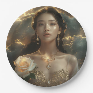 Asian Beauty With White Rose Paper Plate