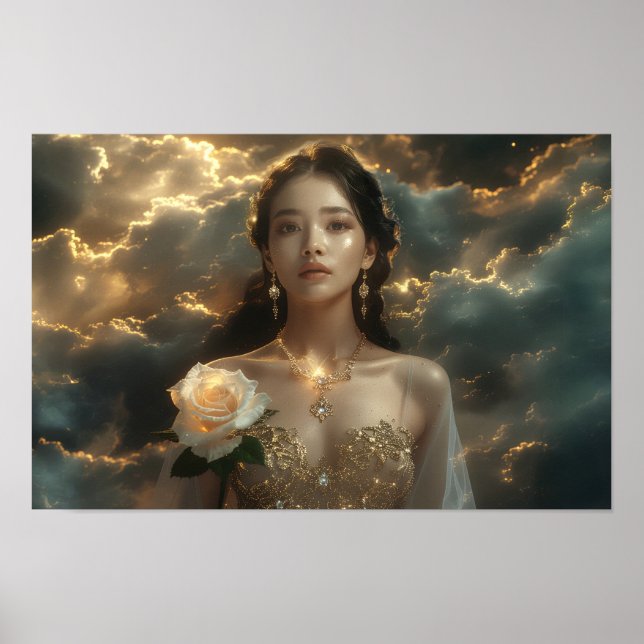 Asian Beauty With White Rose Poster (Front)
