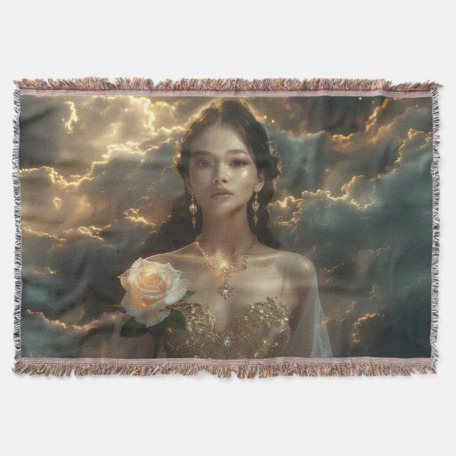 Asian Beauty With White Rose Throw Blanket (Front)