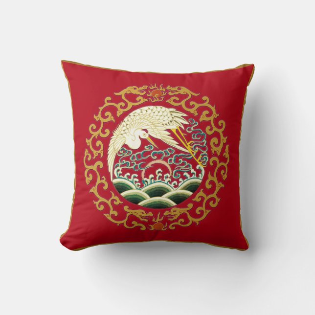 Asian Bird Art on Deep Red Background Pillow (Front)