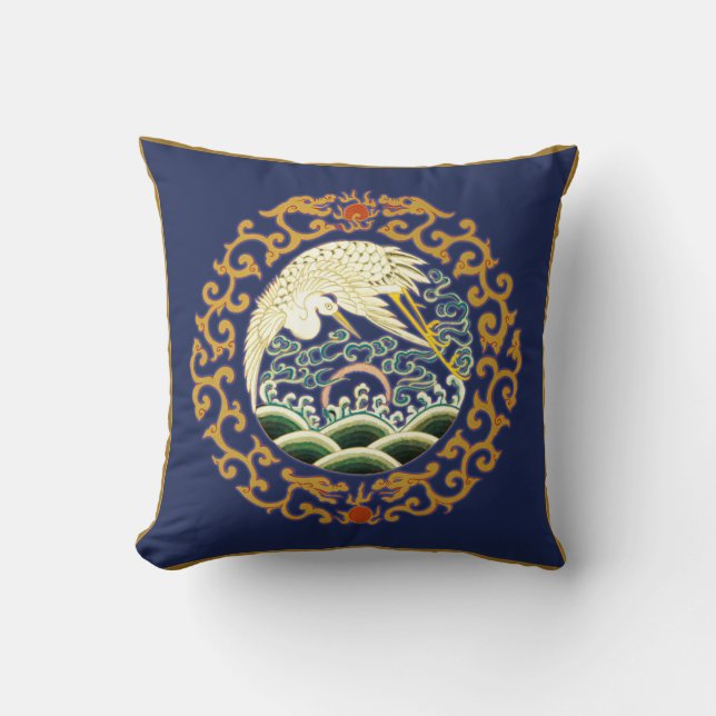 Asian Bird Art Pillow in Deep Blue (Front)