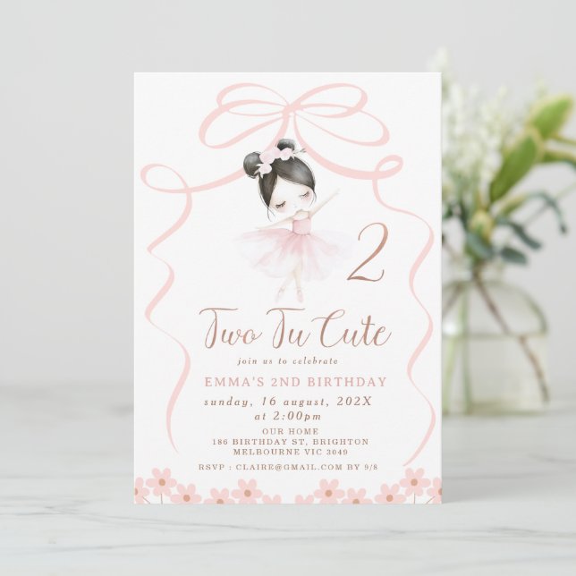 Asian Black Hair Ballerina Two Tu Cute Birthday  Invitation (Standing Front)