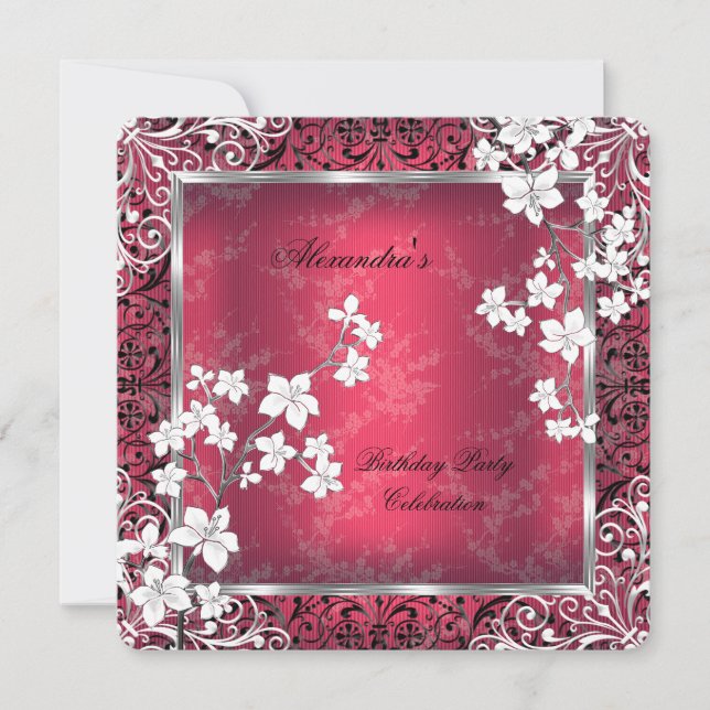 Asian Blossom Red White Black Lace Birthday Invitation (Front)