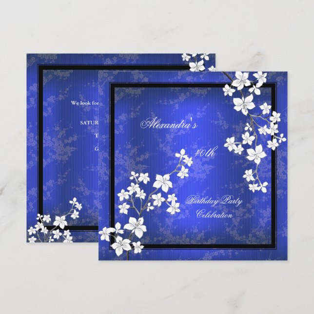 Asian Blue Black Blossom White Birthday Party Invitation (Front/Back)