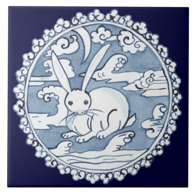 Asian Blue Rabbit in Clouds Ancient Pottery Design Tile (Front)