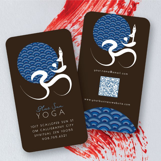 Asian Blue Sun Yoga Modern Zen Calligraphy Om Aum Business Card (Blue Sun Yoga Spiritual Indian Modern Zen Calligraphy Writing Om Aum Symbol Business Card @ fatfatin)