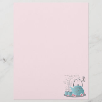 Asian blue tea set cherry blossom graphic design