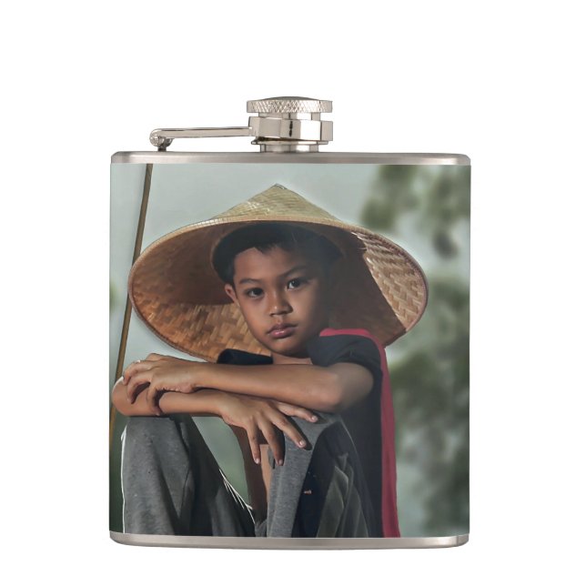 Asian Boy Fishing Hip Flask (Front)