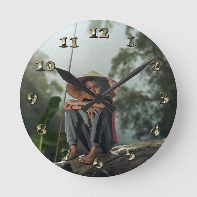 Asian Boy Fishing Round Clock (Front)