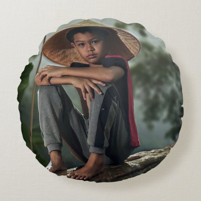 Asian Boy Fishing Round Cushion (Front)