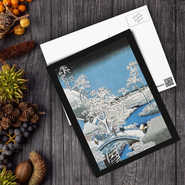 Asian Bridge and Snow Landscape Postcard (Winter Asian scene people on bridge snow in blue white with black border postcard.)