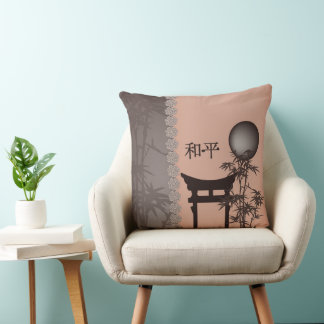 Asian brown Torii bamboo moon digital art Cushion