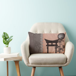Asian brown Torii bamboo moon digital art Lumbar Cushion