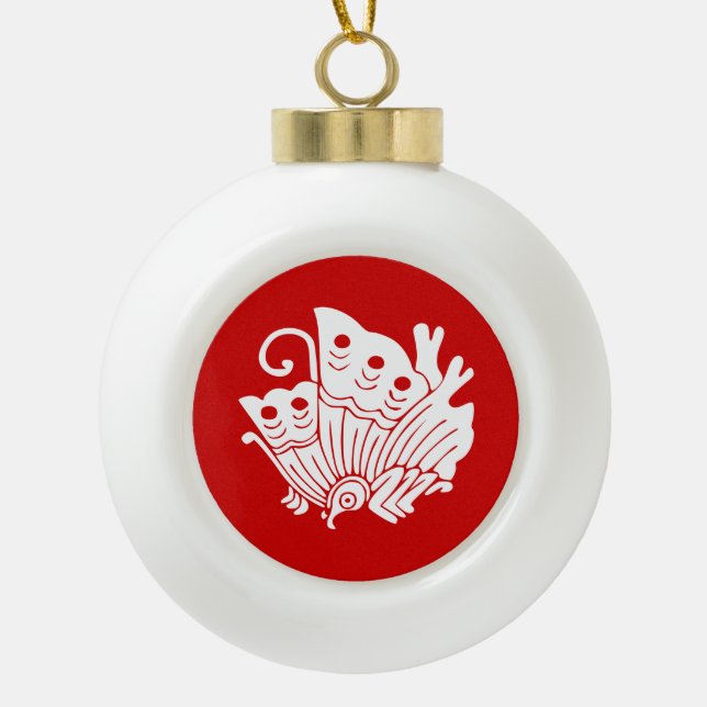 Asian Butterfly Japanese Kamon Design Ceramic Ball Christmas Ornament (Front)