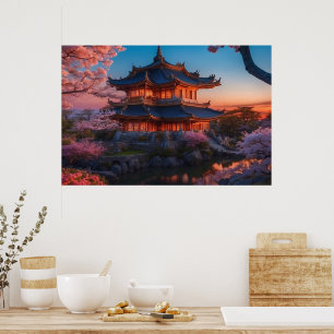 Asian Castle of the Garden Sunset Poster